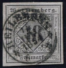 WURTTEMBERG / 1851 Mi. 5, znak 18Kr šedofialová, bezvadný kus s raz. HEILBRONN