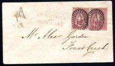 AUSTRÁLIE / VICTORIA 1855 SG.27b, 2x Viktorie 1P bright rose-pink na místním dopisu ve Forest Creek