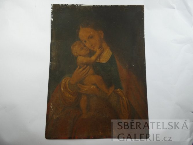 Starožitný obraz - Olej na plechu - Madona s dítětem